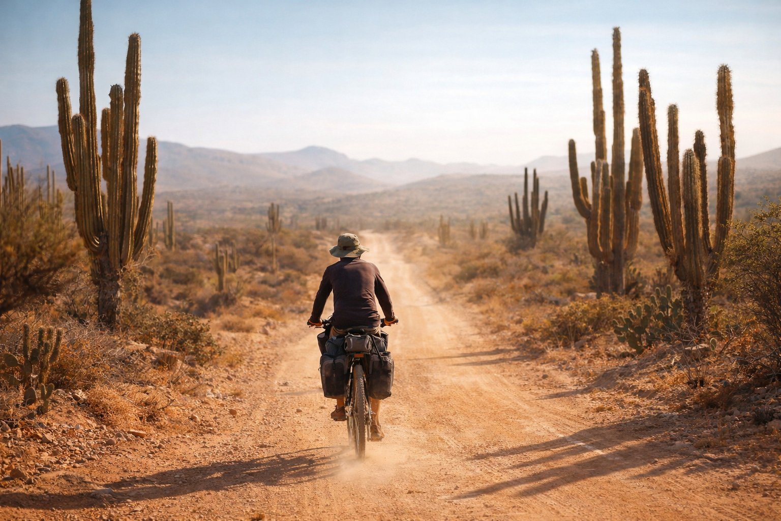 Bikepacking action on the Baja Divide among cactus