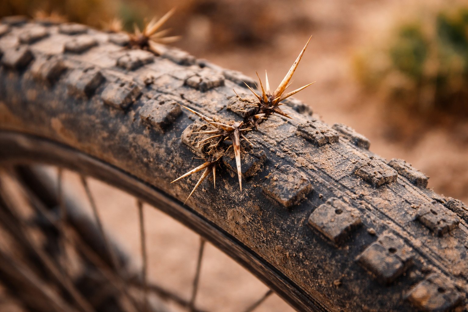 Tire puncture caused by cactus thorns on the Baja Divide
