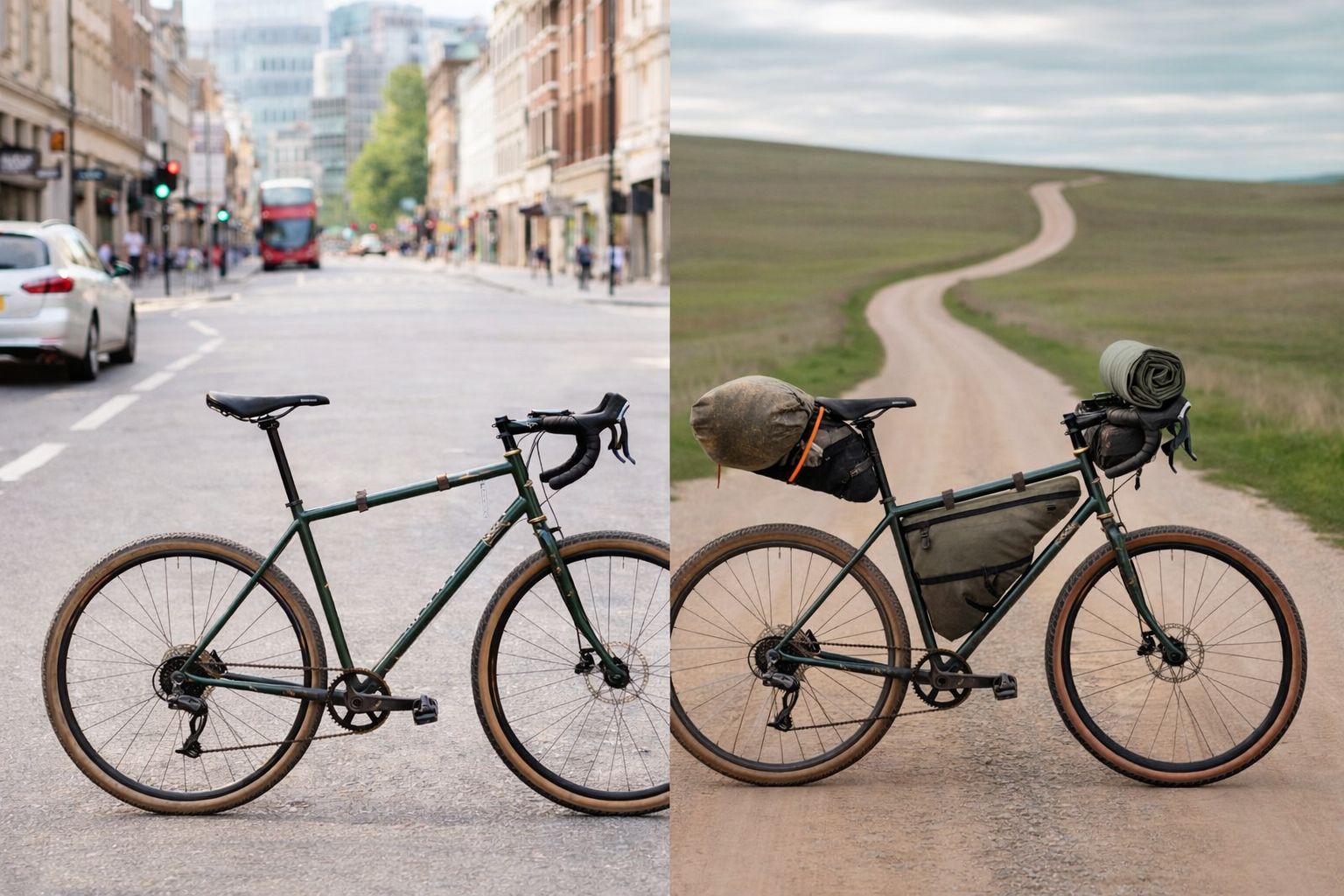 Gravel and adventure bikes on mixed terrain, between tarmac and dirt