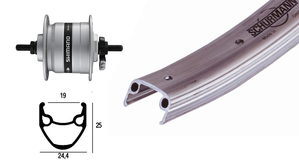 RA 26x1.9, mozzo a dinamo DH3N31, argento, 36 fori, cerchio ALU argento, raggi zincati